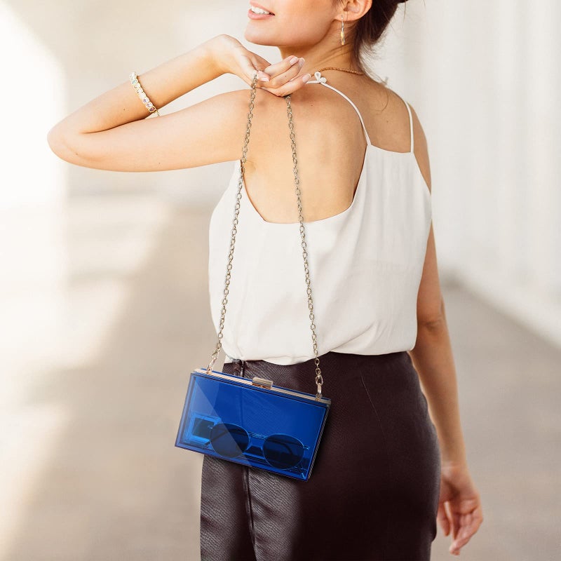 WJCD Women Clear Purse Acrylic Box Clutch Handbag, Small Transparent Crossbody Evening Bag Stadium Approved Gold Chain Strap (Royalblue) - Image 5